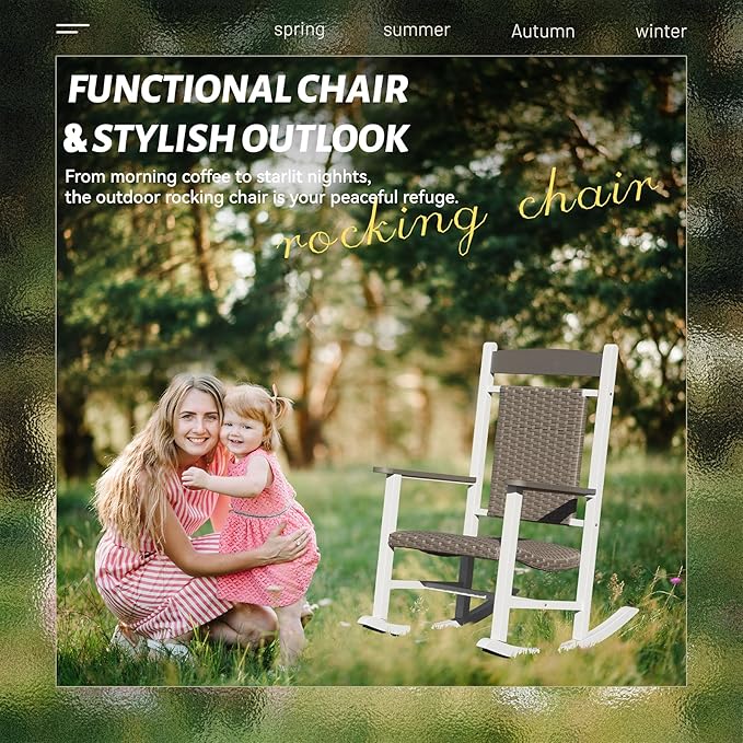 Outdoor Wicker Rocking Chairs Set of 3, 2 Chairs Made of Metal & Rattan + 1 All Metal Table, Oversized Patio Rocker with High Back for Adults, All-Weather Outside Furniture, White & Brown
