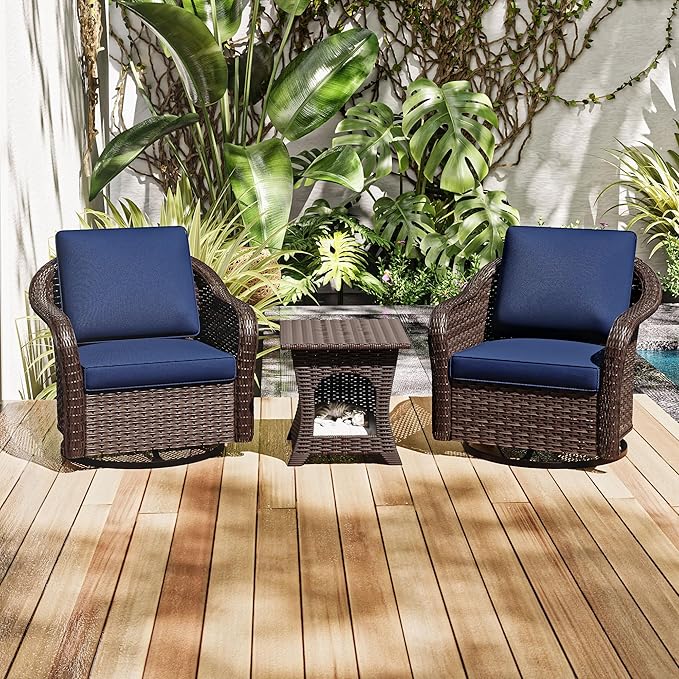 Outdoor Wicker 360 Degree Swivel Glider Rocker Chairs Set of 2 with Cat House Side Table - Photo 8