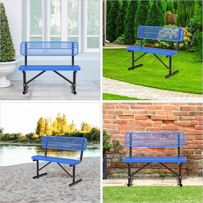 48" Metal Park Benches for Outside - Blue Outdoor Benches Heavy Duty Garden Weatherproof Bench with Backrest, Buddy Bench for Schools,Commercial Benches for Shopping Mall, Store, Yard, Patio