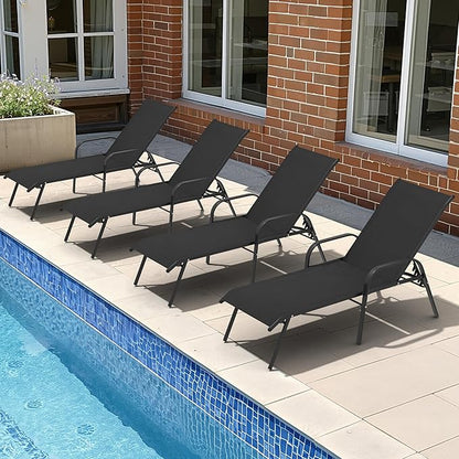 Crestlive Outdoor Chaise Lounge Chair,5-Position Pool Lounge Chairs with Armrests Sunbathing Recliner for Patio,Beach,Deck,Yard (4PC Black)