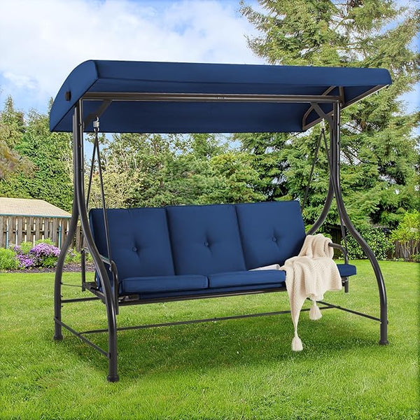 AECOJOY Porch Swing Chair, 3 Seats Porch Swing Adjustable Canopy Outdoor Swing with Stand Patio Swing Bed with - Photo 1