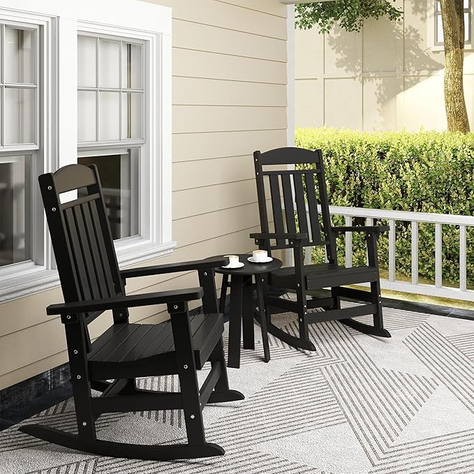 Outdoor Rocking Chairs Set of 4, Oversized High Back Patio Rocking Chairs, All Weather Porch Rocking Chairs for Outside. Black