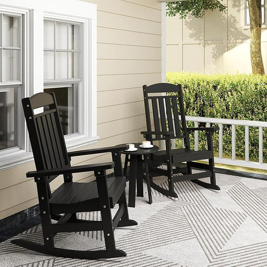 Outdoor Rocking Chairs Set of 4, Oversized High Back Patio Rocking Chairs, All Weather Porch Rocking Chairs for Outside. Black