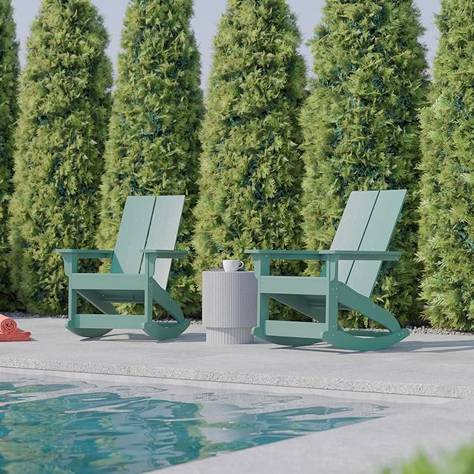 Flash Furniture Finn Modern Commercial Poly Resin Wood Adirondack Rocking Chair - All Weather Sea Foam Polystyrene - Slat Back - Stainless Steel Hardware - Set of 2