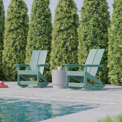 Flash Furniture Finn Modern Commercial Poly Resin Wood Adirondack Rocking Chair - All Weather Sea Foam Polystyrene - Slat Back - Stainless Steel Hardware - Set of 2