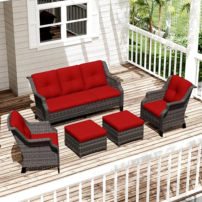 Patio Furniture Set 5 Pieces, Outdoor Wicker Furniture with Coffee Table and Side Table, Modern Rattan Patio Chairs Conversation Sets with Sofa for Garden, Terrace, Porch, Balconies, Lawns