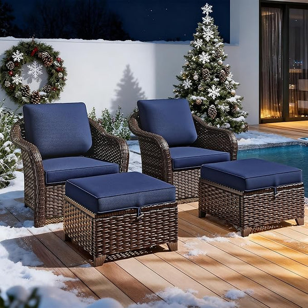 4 Pieces Patio Outdoor Conversation Furniture Set with Cushions, All-Weather Wicker Ottomans - Photo 1