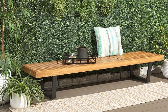 SAFAVIEH Outdoor Patio Furniture Collection – Heather Natural Brown Solid Wood Patio Bench with Black Steel Legs, 72-Inch Modern Outdoor Seating for Garden, Porch or Patio (PAT7327B)