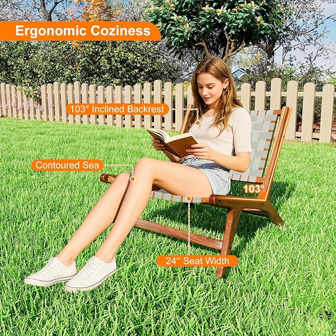 Tangkula Patio Teak Wood Chair, Outdoor Mid-Century Accent Chair with Nylon Webbing Seat & Back, for Backyard, Porch - Photo 8