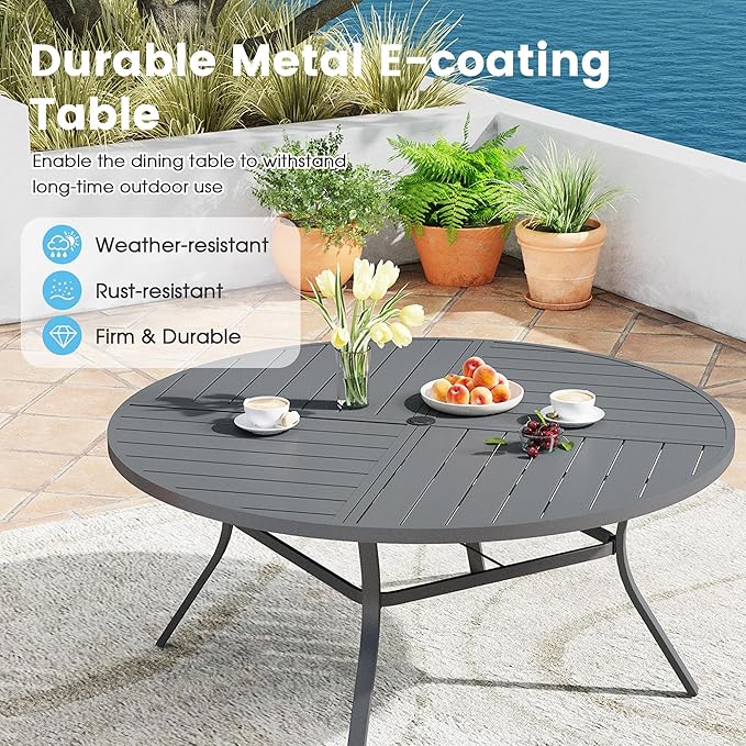 Patio Dining Table for 8-10, Round Metal Outdoor Table with Storage Shelf, 1.57" Umbrella Hole, 60" Outdoor Quartered Tabletop Dining Table for Backyard, Porch, Lawn, Dark Grey