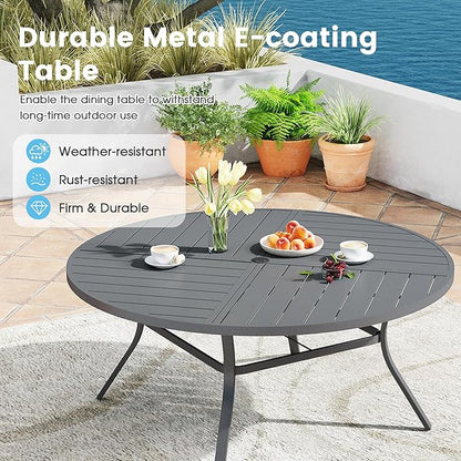 Patio Dining Table for 8-10, Round Metal Outdoor Table with Storage Shelf, 1.57" Umbrella Hole, 60" Outdoor Quartered Tabletop Dining Table for Backyard, Porch, Lawn, Dark Grey