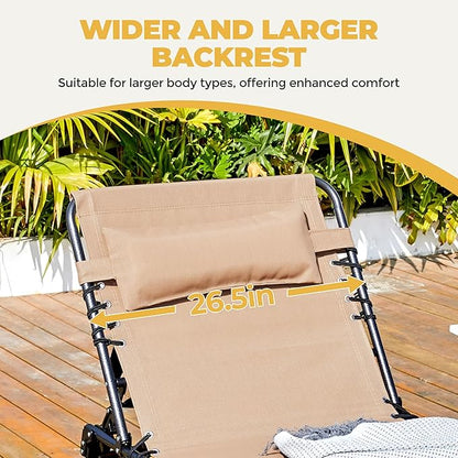 Yaheetech 26.4" Outdoor Folding Tanning Chair, Chaise Lounge Chairs with 5 Back Position Adjustable, Extended Portable Lounger for Beach, Patio, Beige