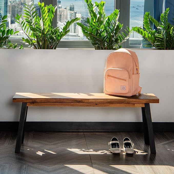 Solid Wood Bench - Minimalist Design, Acacia Wood Construction, Natural top-Black Leg Color, Versatile for Entryway,Living Room,Bedroom & Outdoors,Easy Assembly & Weather-Resistant