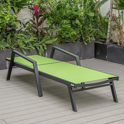 LeisureMod Marlin Patio Chaise Lounge Chair, Adjustable Outdoor Black Aluminum Lounge with Breathable Mesh Sling Back, Lightweight Poolside Reclining Sun Lounger Weather & UV Resistant (Green)