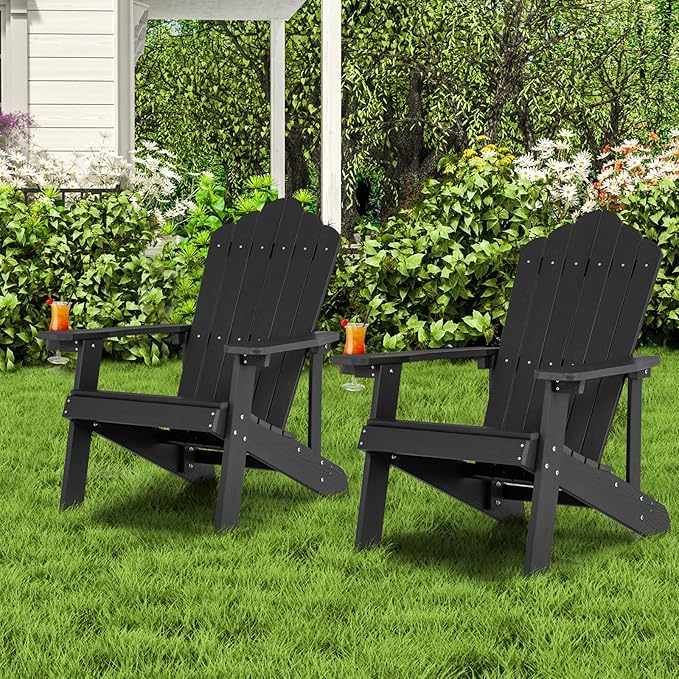 Giantex Outdoor Adirondack Chair - Oversized Patio Chairs w/Hidden Cup Holder, Realistic Wood Grain, 380 LBS Weight Capacity, Weather Resistant Firepit Chairs for Backyard, Garden (2, Black)