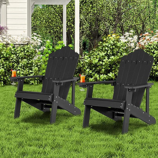 Giantex Outdoor Adirondack Chair - Oversized Patio Chairs w/Hidden Cup Holder, Realistic Wood Grain, 380 LBS Weight Capacity, Weather Resistant Firepit Chairs for Backyard, Garden (2, Black)