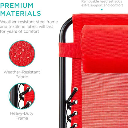 Best Choice Products Set of 2 Adjustable Steel Mesh Zero Gravity Lounge Chair Recliners w/Pillows and Cup Holder Trays - Crimson Red