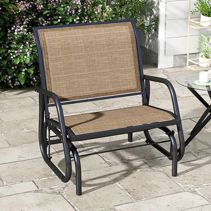 Outsunny Porch Glider, Metal Frame Swing Glider Chair with Breathable Mesh Fabric, Curved Armrests and Steel Frame for Garden, Poolside, Backyard, Balcony, Light Mixed Brown
