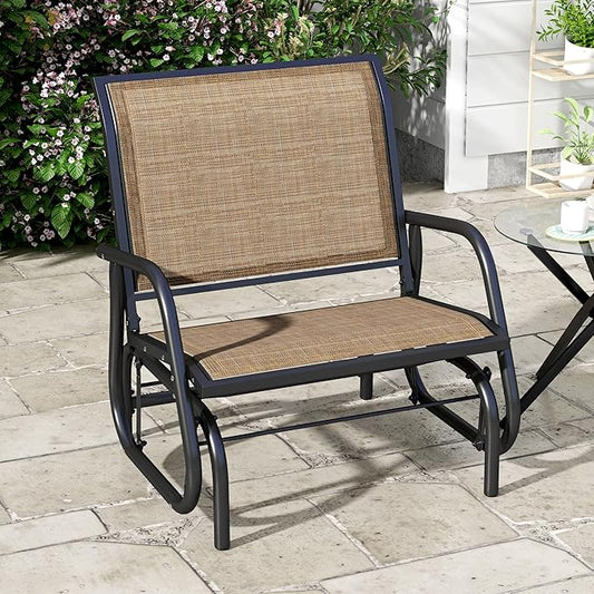 Outsunny Porch Glider, Metal Frame Swing Glider Chair with Breathable Mesh Fabric, Curved Armrests and Steel Frame for Garden, Poolside, Backyard, Balcony, Light Mixed Brown