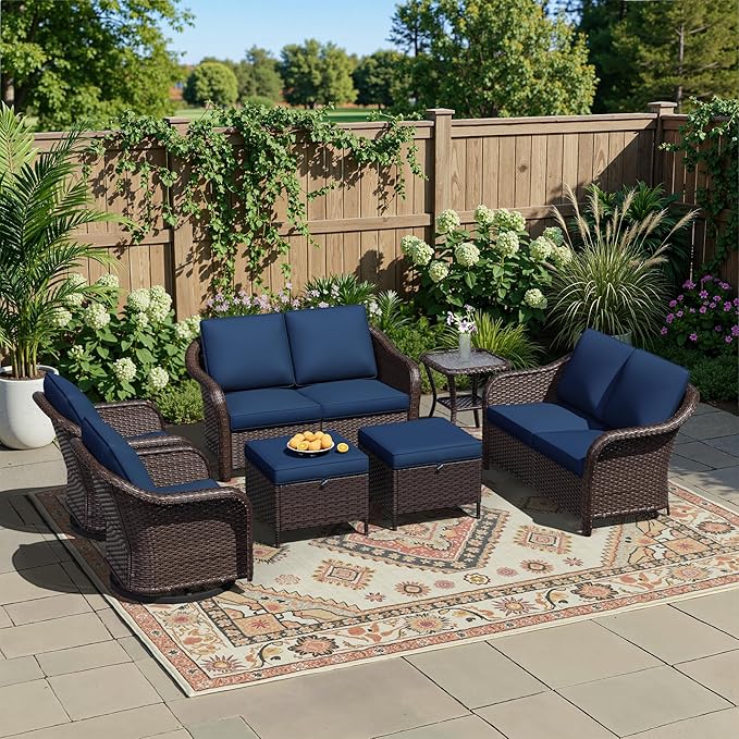 7 Piece Patio Wicker Conversation Set, 2 All-Weather Use Outdoor Wicker Loveseat with 2 PE Rattan Ottomans - Photo 1
