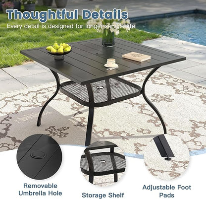 DIFY Square Patio Dining Table for 4, 38" Black Outdoor Metal Dining Table with 1.57" Umbrella Hole for Backyard, Lawn, Garden and Deck