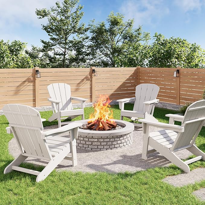 GarveeLife Modern HDPE Plastic Adirondack Chair Set of 4 - Oversize 380 LB Poly Lumber Weather Resistant Firepit Chair - Outdoor Patio Chairs with Wooden Textured for Deck, Pool, Porch - White