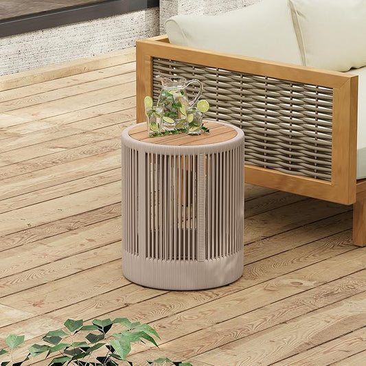 15" Outdoor Rustic Side Table,Rattan Rope & Acacia Wood End Table with Round Top & Iron Frame, Easy Assembly, Versatile Weather-Resistant Patio Furniture for Garden, Yard, Balcony, Beige Teak