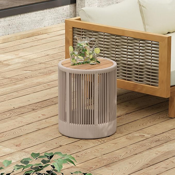 15" Outdoor Rustic Side Table, Rattan Rope & Acacia Wood End Table with Round Top & Iron Frame, Easy Assembly - Photo 1