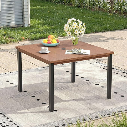 Outdoor Dining Table with Adjustable Umbrella Hole, 40.2" All-Weather Square Patio Dining Table for 4, Metal Patio Table for Garden Lawn Porch Deck Yard, Walnut