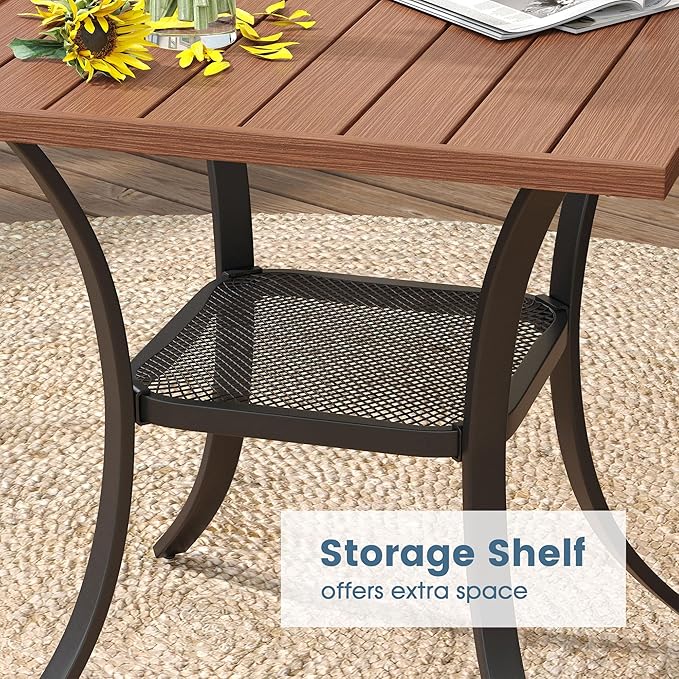 DIFY 27.6" Square Patio Dining Table, Walnut Small Outdoor Bistro Table with Rust Resistant Metal Frame, Ideal for Lawn, Backyard and Deck