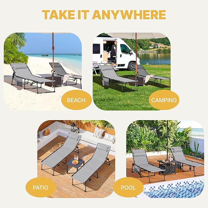 Yaheetech 22.4" Outdoor Folding Tanning Chair, Chaise Lounge Chairs with 5 Back Position Adjustable, Extended Portable Lounger for Beach, Patio, Gray
