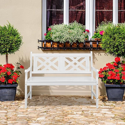 VINGLI 50" Outdoor Wood Bench, Weatehr Resistant Wooden Garden Patio Bench with Comfortable Backrest & Curved Armrest, 800lb Capacity Loveseat for Front Porch Park Yard Deck (White, Geometric)