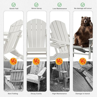 FOOWIN Folding Adirondack Chair, HDPE Adirondack Chairs with Cup Holder, Weather Resistant Plastic Fire Pit Chairs for Outdoor, Patio, Lawn, Garden, Backyard, Deck, White