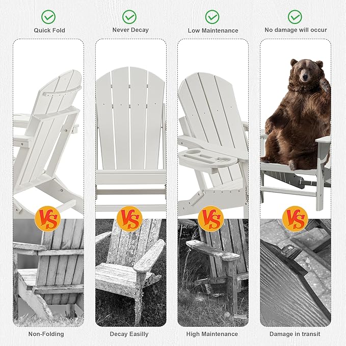 FOOWIN Folding Adirondack Chair Set of 2, HDPE Adirondack Chairs with Cup Holder, Weather Resistant Plastic Fire Pit Chairs for Outdoor, Patio, Lawn, Garden, Backyard, Deck, White