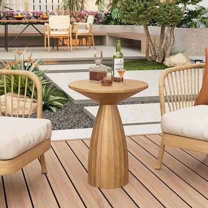 Metal Small Patio Table, Round Outdoor Side Table, Wood Color Outdoor Accent Patio End Table, for Garden, Pool, Deck, Balcony, Yard, Living Room, Weather Resistant, No Assembly