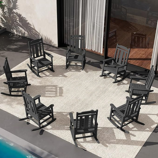 SERWALL HDPE Outdoor Rocking Chair Black Set of 8, All Weather Patio Rocking Chair, Poly Rocking Chair for Adults