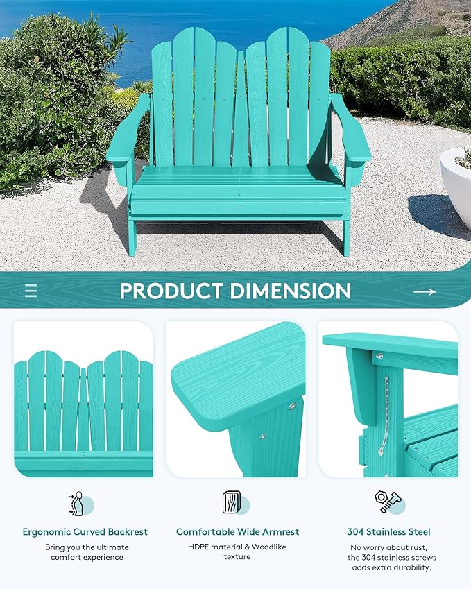 SERWALL Folding Adirondack Bench, HDPE All-Weather Adirondack Loveseat, 660 lbs Capacity - Photo 6