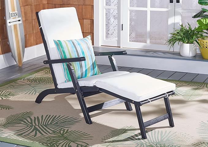 SAFAVIEH Outdoor Collection Palmdale Black Solid Wood/Beige Cushion Chaise Lounge Chair (PAT7015G)