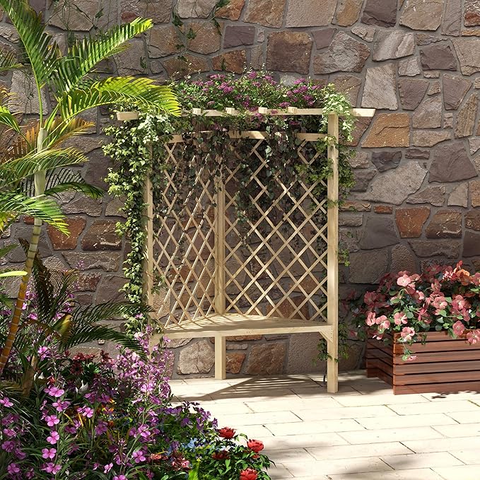 Outsunny 55" Garden Arch Bench, Wooden Trellis Park Bench with Slatted Seat for Outside, Lattice Backrest for Vines & Climbing Plants Outside On Deck, Lawn, Porch, Natural