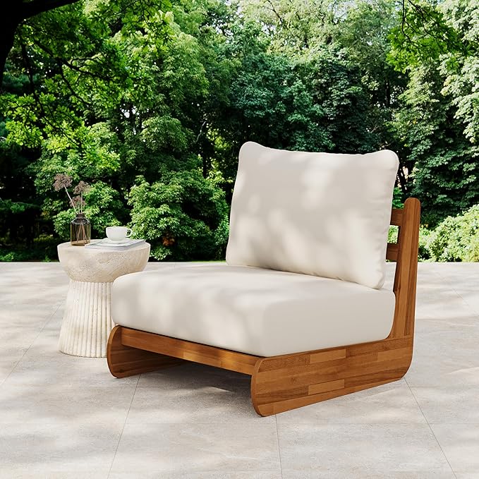 Christopher Knight Home Poppy Outdoor Club Chair with Water Resistant, Acacia Wood Lounge Chair Outdoor, Patio Low Profile Accent Chair, Comfy Reading Chair for Garden Backyard, Teak + Beige