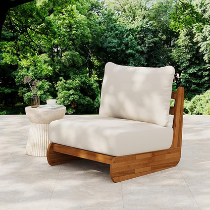 Christopher Knight Home Poppy Outdoor Club Chair with Water Resistant, Acacia Wood Lounge Chair Outdoor, Patio Low Profile Accent Chair, Comfy Reading Chair for Garden Backyard, Teak + Beige