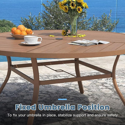 DIFY 63" Round Outdoor Patio Dining Table for 8-10, All-Weather Metal Steel Slatted Patio Table with 1.57" Adjustable Umbrella Hole for Garden, Backyard, Deck, Walnut