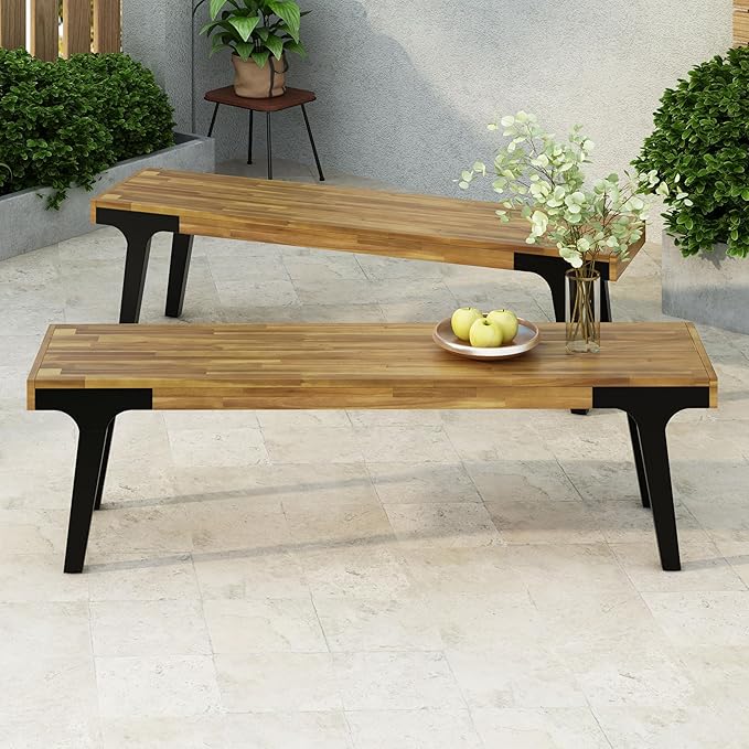 Christopher Knight Home Harpe Outdoor Patio Acacia Wood Dining Bench, Porch Bench for Dining Set, Backyard, Garden, Lawn, Porch,Teak Finish+Black