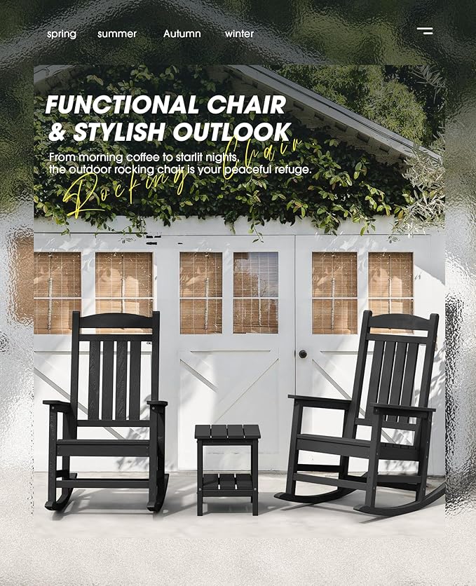 KINGYES Outdoor Rocking Chair Set of 4, HDPE Patio Rocking Chairs with 330lbs Support for Adults, Black