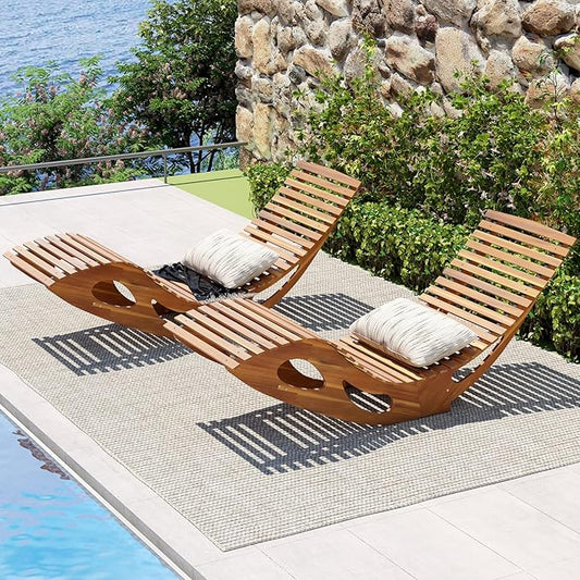 RELAX4LIFE Rocking Chaise Lounge Chair - Acacia Wood Sun Lounger w/Slatted Seat & Bottom Stopper, Indoor Outdoor Rocker for Pool Porch Patio, 350LBS Capacity, Wooden Rocking Lounge Chair (2, 23.5'')