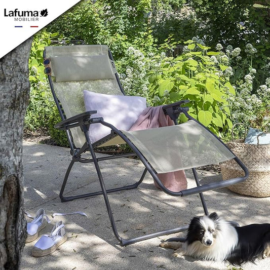 Lafuma Futura XL Zero Gravity Outdoor Steel Framed Lawn Recliner Chair with Armrest, Extra Wide Recliner, and Adjustable Neck Pillow, Seigle