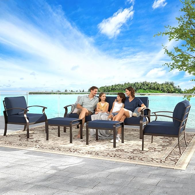Gotland Aluminum Patio Furniture Set, Metal Outdoor Furniture with 2 Ottomans 5.1’’ High-Resilience Seat Cushions, 5 Piece Patio Set, Oversized Outdoor Sectional Patio Conversation Sets, Navy