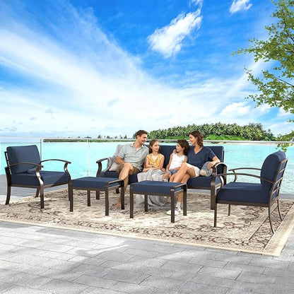Gotland Aluminum Patio Furniture Set, Metal Outdoor Furniture with 2 Ottomans 5.1’’ High-Resilience Seat Cushions, 5 Piece Patio Set, Oversized Outdoor Sectional Patio Conversation Sets, Navy