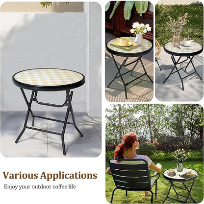 Foldable Patio Side Tables, 17.7" Small End Table Outdoor Weatherproof, Round Glass Top Outside Folding Table for Poolside, Balcony, Yard, Porch（Yellow）