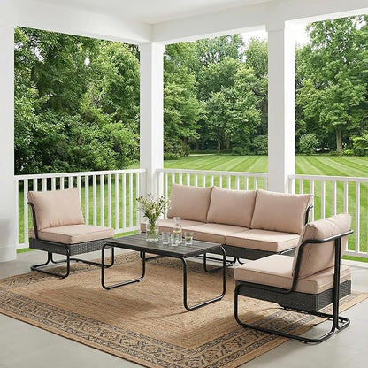4 Piece Patio Furniture Set, Modern Patio Conversation Set for 5, All Weather Bistro Furniture Set, Metal Patio Sofas Outdoor Sectional with Coffee Table and Cushions for Lawn/Garden, Khaki